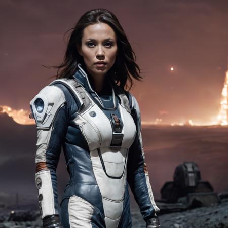 lexa_doig, <lora:LexaDoigXL:1>,((Space explorer)), futuristic tight full body space suit,i n front of post-apocalyptic ruins,  post-apocalypse, long hair,  alien motives, detailed, realistic, destroyed alien city in background, landed spaceship, god rays, reflection, raw, dramatic lighting,, ((sharp face, detailed face, realistic face, naturtal skin, realistic skin, detailed skin, pores)), ((perfect eyes, detailed eyes,realistic eyes))