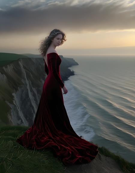 In the hauntingly serene twilight, with a single girl named Casey standing alone on the rugged cliffs of Dover, her long cascading silver curls framing her delicate features, she is dressed in a crimson velvet gown. Her eyes sparkle with an enigmatic allure as she gazes out at the vast expanse of the English Channel, the wind gently tugging at the edges of her gown. The scene is captured realistically by a camera positioned on the cliff's edge, capturing her silhouette against the setting sun and the crashing waves below, the soft focus only serving to heighten the mystique surrounding this hauntingly beautiful figure.
