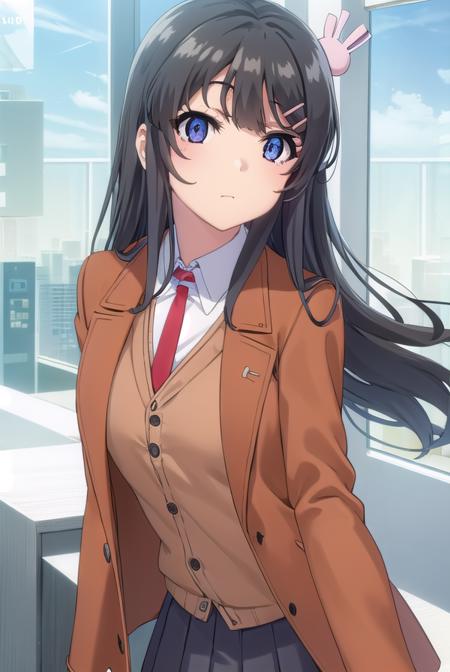 maisakurajima, <lora:mai sakurajima s1-lora-nochekaiser:1>, 
mai sakurajima, long hair, bangs, (black hair:1.5), hair ornament, (purple eyes:1.1), hairclip, rabbit hair ornament,
BREAK skirt, shirt, school uniform, white shirt, short sleeves, pantyhose, pleated skirt, collared shirt, blue skirt, black pantyhose, red necktie, jacket, (brown jacket:1.5),
BREAK indoors, classroom,
BREAK looking at viewer, (cowboy shot:1.5),
BREAK <lyco:GoodHands-beta2:1>, (masterpiece:1.2), best quality, high resolution, unity 8k wallpaper, (illustration:0.8), (beautiful detailed eyes:1.6), extremely detailed face, perfect lighting, extremely detailed CG, (perfect hands, perfect anatomy),