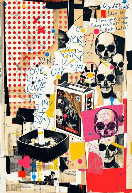 Outsider art. A surreal and deconstructed mixed-media collage in the style of Jacques Prévert with an urgent sense of chaos and energy. An analogue collage artwork blending fragmented styles, layers and textures. 
The main image is a punk stencil photocopy print of a magazine image of a cigarette packet and ashtray. Print errors, halftone dots. grungy print registration errors. 
Layered over this obscuring the image are multiple fragmented and overlapping layers of chaotic thick paint, splatters of paint, palette knife oil paint, handwritten scrawled text messages, torn photographs and broken distorted vintage photographs filling the canvas. 
Layered sections of repetitive brightly coloured dots are spraypainted in Yayoi Kusama style. Fragmented skulls and abstract faces in Jean-Michel Basquiat style over the top. This hides sections of the image below. Outlines are roughly redrawn in black ink and thick oil paint. 
On the top layer are rough hand-drawn letters and love hearts scrawled heavy-handedly in blue biro on to print.
The overall effect is manic and anarchic with an urgent sense of energy.
