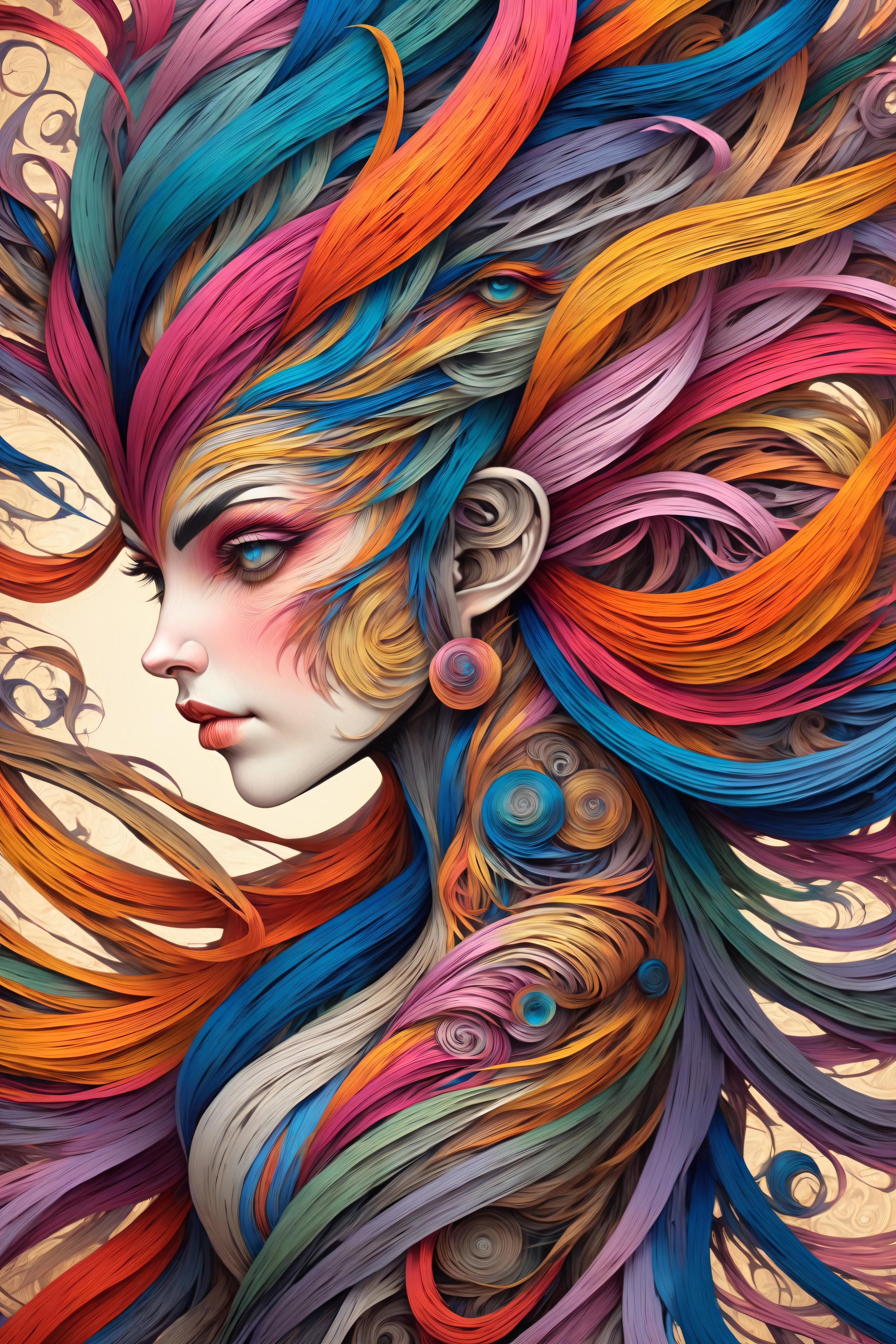 Vibrant and colorful artwork of a woman's face with long hair and unique hair color.