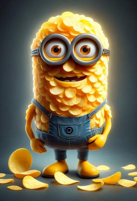 Minion minion(masterpiece, best quality, ultra-detailed), xiaohuangren, glasses, blue denim strap pants, <lora:xiaohuangren_v6-000017:0.8>, minions, (masterpiece, best quality, ultra-detailed),xiaohuangren,goggles,blue denim strap pants,minions,revice driver, p1nkch1ps, made out of potato chips,text( "Potato Chips":1.1), A fun party scene with bowls of potato chips and the text "Potato Chips" glowing brightly, minion minion, minion