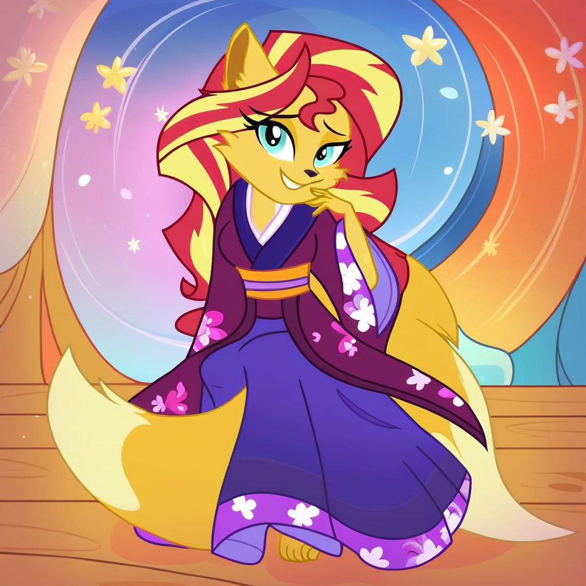 score_9, score_8_up, safe, shy, Sunset Shimmer, equestria girls, g4, kimono, dress, species swap, female, looking at you, ...