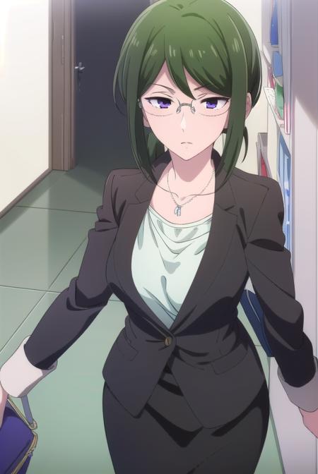 hanakokoyanagi, <lyco:hanakokoyanagi-lyco-nochekaiser:1>,
hanako koyanagi, green hair, low ponytail, (purple eyes:1.1), glasses,
BREAK skirt, pantyhose, necklace, formal, suit, pencil skirt, skirt suit,
BREAK looking at viewer,
BREAK indoors,
BREAK <lora:GoodHands-vanilla:1>, (masterpiece:1.2), best quality, high resolution, unity 8k wallpaper, (illustration:0.8), (beautiful detailed eyes:1.6), extremely detailed face, perfect lighting, extremely detailed CG, (perfect hands, perfect anatomy),