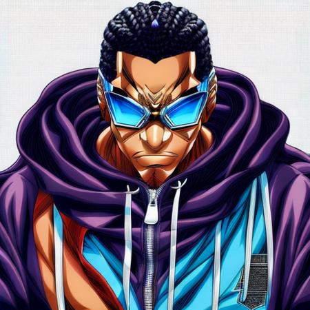 evang style Black man with box braids, wrinkled white T-shirt, baggie, blue jeans, and a zip up sweatshirt, vector art by Yusuke Murata