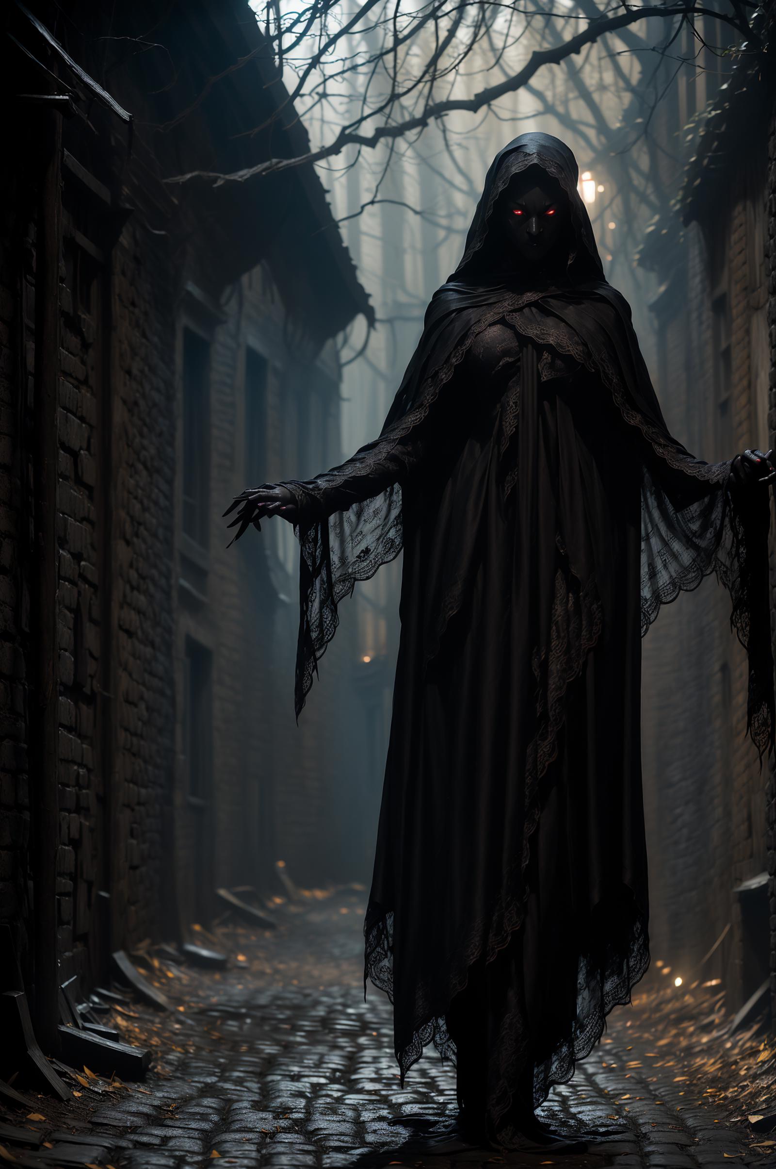A dark and mysterious scene with a woman in a black dress in the middle of a dark alley.