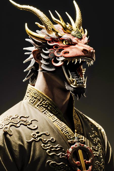 male focus, solo, open mouth, teeth, chinese clothes, upper body, facial hair, horns <lora:dragon-HXZ:0.7>