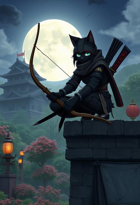 Image is a close up digital fantasy artwork featuring cat ninja character squatting high on a japanese castle wall. She has black fur. She's wearing a ninja outfit with a ninja mask and katana on her back. In her hands is a bow. The background is of a japanese castle, full moon, laterns, japanese garden.