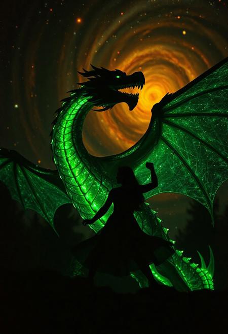 Bosstyle, Silhouette of a Woman fighting a colossal luminous dragon: This vintage photograph captures a moment of epic struggle. Dominating the scene is a translucent dark-green dragon adorned with luminescent scales, blending seamlessly with its surroundings. Its wings, composed of intricately woven energy threads, shimmer in a spectrum of colors. Amidst the night, its presence exudes a sense of mythical power. Behind it, the swirling hues of a distant galaxy provide a mesmerizing backdrop, weaving tales of cosmic battles and celestial legends. Atmospheric haze, Film grain, cinematic film still, shallow depth of field, highly detailed, high budget, cinemascope, moody, epic, OverallDetail, 2000s vintage RAW photo, photorealistic, candid camera, color graded cinematic, eye catchlights, atmospheric lighting, imperfections, natural, shallow dof   , aidmaHiDreamStyle