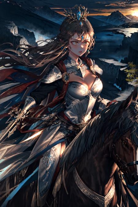 1 girl,solo, middle earth, Knight Charging into battle on horseback, wielding a lance and clad in heavy armor, Diva, Average Height, Lean, Oval Face, Tan Skin, Dark Brown Hair, Hazel Eyes, Long Nose, Pouty Lips, Round Chin, Long Hair, Thick Hair, Triple Braided Crown, asymmetrical breasts, Huggie earrings, cream metallic lipstick, A sprawling dwarven city, carved deep into the heart of a mountain, Tolkien