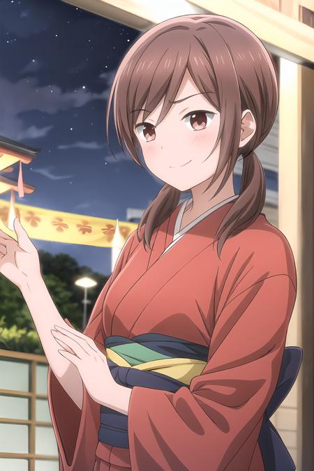 1girl, brown eyes, brown hair, low twintails, outdoor, night, kimono, festival background, kikuchi_akane, smile, Twirling hair with fingers,  <lora:add_detail:0.65>