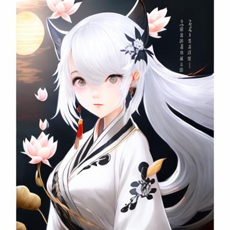 ((4k,masterpiece,best quality)), shuimobysim, traditional chinese ink painting, lotus, hanfu, maxiskit, dress conservatively 1 girl, solo, white hair, long hair, fox ears, white, bikini, fish, many fish near girl, look at viewer, tease