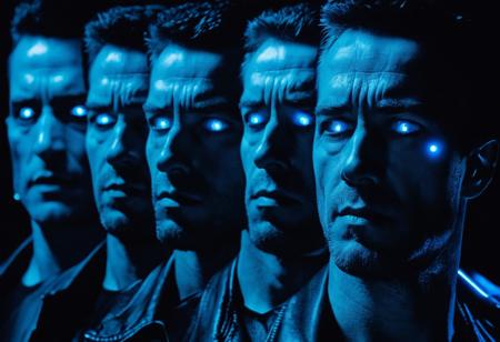photograph of a grid of male standing in row,glowing blue backlighting shining on face,facing viewer,
garage,the terminator,focused on face,