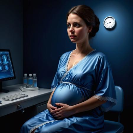 Ultra realistic color pencil  image of a 8 month pregnant woman in a hospital gown, in the doctor's office getting a health checkup.
BREAK
Deep dark intense midnight blue misty background, Dark theme, dynamic lighting, (soft shadows), (soft focus), (photo realistic), uhd, 8k