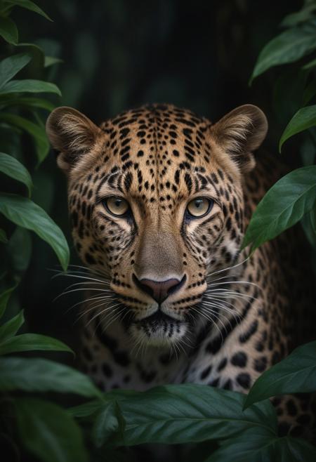A leopard hiding in the jungle, a photo-realistic portrait, captured with a Canon EOS R5 camera and a macro lens for detailed wildlife portraits. The high-resolution, HDR image has a National Geographic-style aesthetic