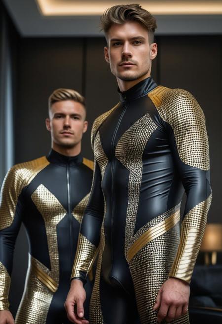 two strong  28-year-old german hunk males, with a side fringe curtains hairstyle, detailed face, confused expressions, wearing a skin tight metallic black spandex futuristic suits with gold and silver  spandex details,  standing at attention posture,  fullbody, on a modern living room, looking to the camera, detailed face, professional photography, shot on sony a 7RIII , looking to the camera,  detailed skin face and eyes, natural lighting ,  film grain, low contrast, natural face,  dark circles under eyes