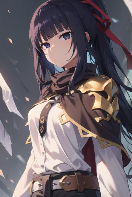 narberal gamma, black hair, high ponytail, long hair, slanted eyes, narrow eyes, belt, belt buckle, black pants, black ribbon, brown cape, buckle, buttons, cape, pants, ribbon-trimmed cape, white shirt, apron, armor, black dress, dress, frills, long sleeves, maid, maid headdress, puffy sleeves,