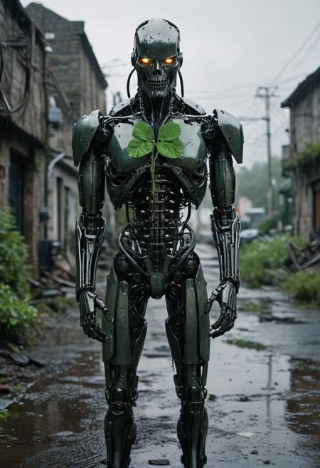 (((Hyperdetailed Photography))), (((Cinematic))), Movie Still of a cyberpunk endoskeleton terminator with dark plate armor, holding a really green four leaf green shamrock with two hands, cables, hydraulic components, reflections, background of an apocaliptic Irish village in ruins, moody, sad, emotional, (rain) Ireland, kodak,
