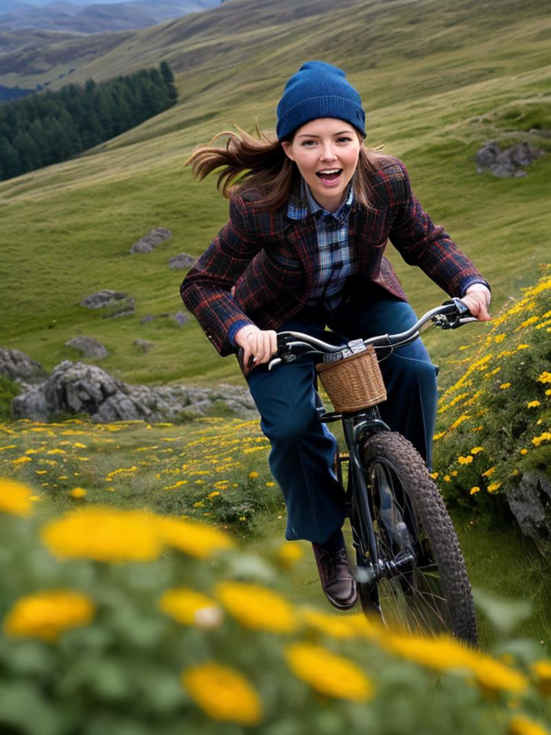 A woman wearing a blue hat and blue jacket riding a bicycle through a field of yellow flowers.