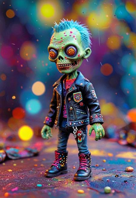 Tilt shift photography style, Diorama page, stuffed toy, chibi, a zombie, punk jacket, leather boots, Rivets on jacket, walking, ( Unmanned:1.2), mix of colors psychedelic background,