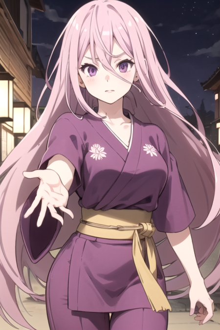 KumiYamagumonoko, 1girl, solo, very long hair, hair between eyes, purple eyes, pink hair, japanese clothes, purple pants