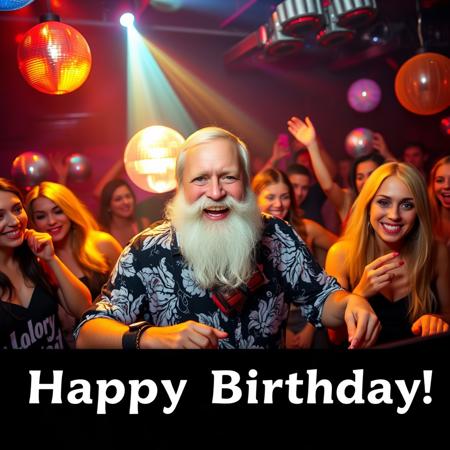Jolly dj with blonde beard having a great time, club scene, disco lights, multiple girls, joy, celebration, "Happy Birthday"