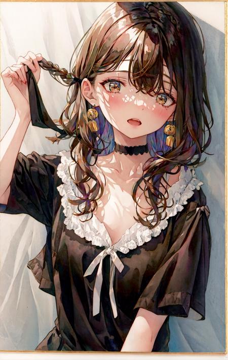 1girl, bangs, black_border, black_choker, black_ribbon, blush, border, braid, breasts, brown_eyes, brown_hair, choker, collarbone, colored_pencil_\(medium\), dress, earrings, eyebrows_visible_through_hair, food, frills, hair_between_eyes, hair_ornament, hair_ribbon, holding, jewelry, long_hair, looking_at_viewer, marker_\(medium\), open_mouth, painting_\(medium\), ribbon, ribbon_braid, shikishi, shirt, short_sleeves, side_braid, simple_background, single_braid, solo, traditional_media, upper_body, watercolor_\(medium\), white_background, white_ribbon <lora:style_YZL:1>