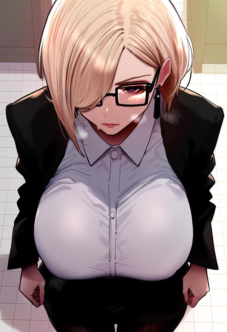 blonde hair, short hair, hair over one eye, purple eyes earrings glasses, black-framed eyewear collared shirt, white shirt, long sleeves, black skirt, pencil skirt, black pantyhose black jacket, collared shirt, white shirt, long sleeves, black skirt, pencil skirt, black pantyhose naked shirt, white shirt, black thighhighs