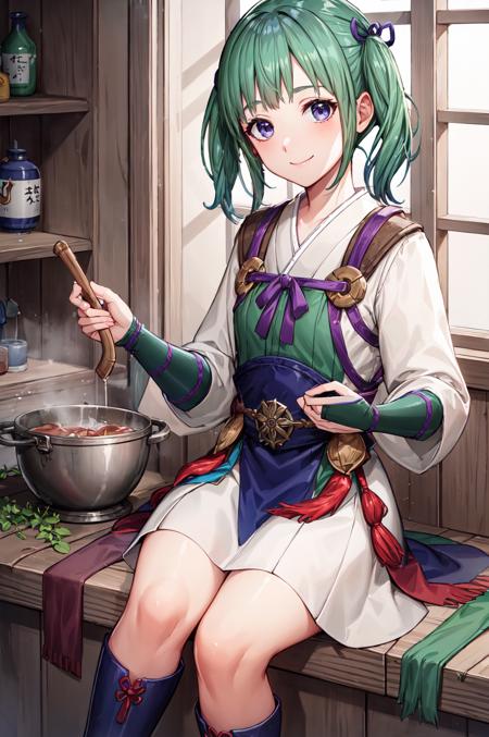 with a cauldron,<lora:midoriV1:0.8>,smile,closed mouth,midori, boots, japanese clothes,  looking at viewer, bridal gauntlets,black footwear, white skirt, long sleeves, purple ribbon, white kimono,blue footwear, hair ornament, hair ribbon, knee boots, gloves,indoors,(masterpiece, best quality, ultra-detailed, best shadow)