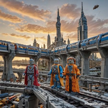 2 LEGO robots  in a LEGO monorail station . they are in LEGO robes that are worn. the are looking out over the LEGO city. LEGO Monorail track. 
hive LEGO city made out of LEGO gears is in the background and is made up LEGO tall buildings and LEGO towers. The sky is sunset and there are  clouds in the distance a river run through it flooding the city. extremely detailed, moody
 <lora:Hive-City:1>