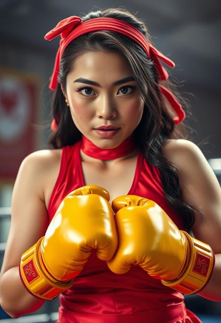 Cinematic full shot of a gorgeous, curvaceous asian female boxer with freckles, thick legs, eyelashes and big pink lips, red silk cheerleader uniforms, glossy lips, headbands, and shiny yellow boxing gloves with her hands in a boxing stance and pursed lips