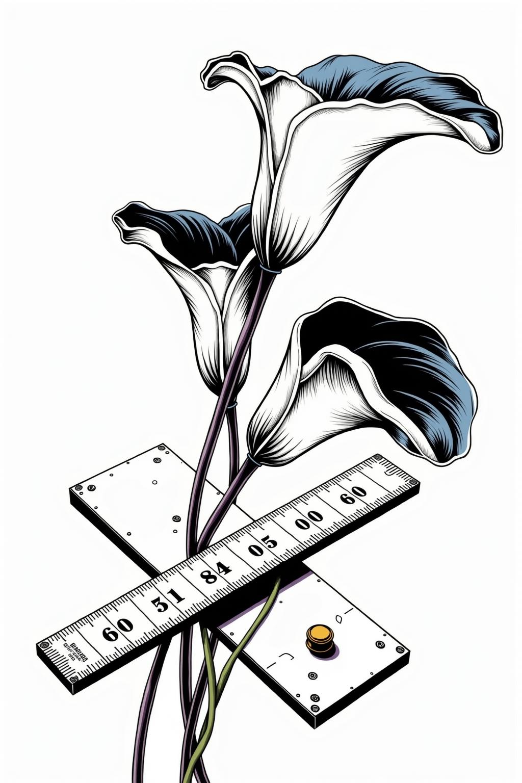 Dark Moody Atmosphere, line art drawing black and white with vibrant permanent-green-deep,cobalt-violet,raw-umber-light accents, sharp clean lines, high contrast, complimentary color theme, three open white lilies with curved stems, the lilies intertwine with an oversized right-angle two-piece beige carpenter square tool with numberless measurement markings and a brass tip pn one side, 2D flat illustration, optical illusion, in memoriam simplistic artwork, somber solumn theme, in the style of M.C. Escher, line art, bright white background . professional, sleek, modern, minimalist, graphic, line art, vector graphics, dramatic, mysterious, dark moody atmosphere