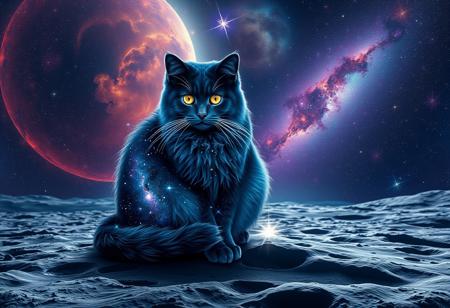 Create an image of a majestic, cosmic cat sitting on the lunar surface. The cat’s fur should shimmer with deep blues and purples, resembling the night sky, with stars subtly twinkling throughout its coat. Its eyes are vast galaxies, swirling with bright nebulae, stars, and cosmic dust. The lunar surface beneath the cat is detailed with craters and rocky textures, reflecting the light of a distant star. In the background, the cosmos is vibrant and alive, with colorful nebulae, distant galaxies, and clusters of stars filling the sky, creating a sense of infinite depth and wonder. The overall scene should feel otherworldly, mystical, and awe-inspiring.