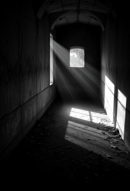 Forgotten Hopes, dramatic lights, dynamic shadows, black and white photography, extremely sad but beautiful environment
