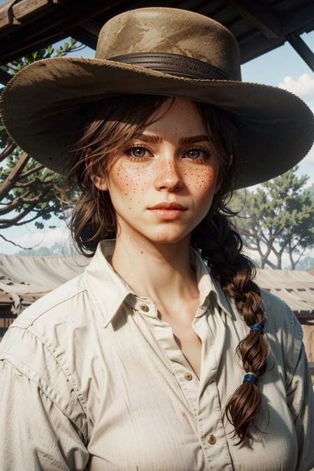 SadieRDR, freckles, solo, 1girl, realistic, hat, cowboy hat, brown hair, brown eyes, braid, looking at viewer, lips, long hair, traditional media, cowboy western, portrait
<lora:epi_noiseoffset2:1>,   <lora:SadieRDR:0.7>