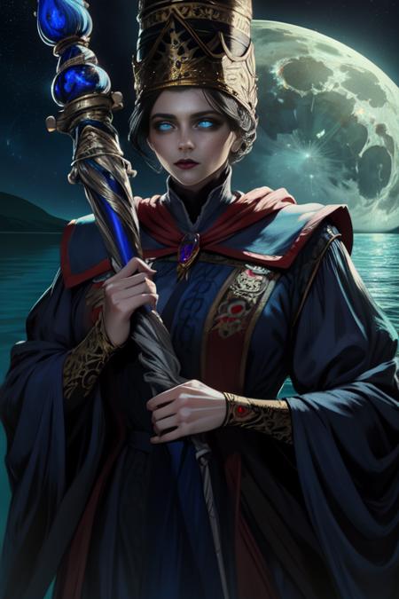 Rennala,short black hair,blue eyes,  upper body, sad expression,   cowboy shot,   holding a large staff,  
ReDres,jewelry, tight blue robe,long crown,long sleeves,
wide sleeves,
tall woman, 
empty lake, moon close-up, nighttime ,stars, 
dark dungeon,(insanely detailed, beautiful detailed face, masterpiece, detailed eyes, best quality),realistic, <lora:Rennala-10:0.8>