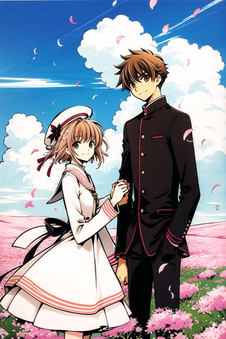 Tsubasa,1girl, 1boy, brown hair, kinomoto sakura, holding hands, green eyes, outdoors, hat, sky, hetero, day, grass, flower, short hair, cloud, dress, couple, brown eyes, long sleeves, smile, holding, looking at viewer, standing, petals,<lora:Tsubasa:0.8>