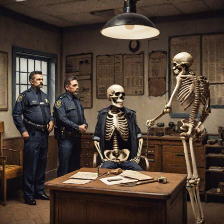 A police station, interrogation, healthy skeleton wearing handcuffs, , cops looking at him, old furniture, name boards, weapons, staff