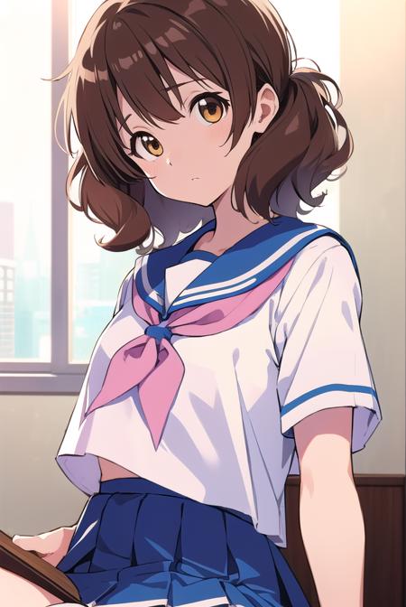 kumikooumae, <lora:kumikooumaetest:1>, 
kumiko oumae, (brown eyes:1.5), brown hair, short hair, wavy hair, (flat chest:1.2),
BREAK blue skirt, bracelet, kitauji high school uniform, neckerchief, pink neckerchief, pleated skirt, school uniform, serafuku, shirt, short sleeves, skirt, white shirt,
BREAK looking at viewer,
BREAK indoors, classroom,
BREAK <lora:GoodHands-vanilla:1>, (masterpiece:1.2), best quality, high resolution, unity 8k wallpaper, (illustration:0.8), (beautiful detailed eyes:1.6), extremely detailed face, perfect lighting, extremely detailed CG, (perfect hands, perfect anatomy),