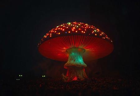 a dark horror scene, in the foreground a huge and beatyfull glowing mushroom on the ground, red, green and blue light dots on it, dwarfed by a dark jungle in the background, tiny dot like glowing insects, ultra detailed, dimm unreal dark night, mix of documentary and splater horror. fine soft fog, dim red glow, enpowering the contrast of the low angle shot, 2 tiny scary looking eyes in the dark jungle on the ground,. camera slowly moves to the mushroom showing the detail of the colorfull glowing lights on it. creating patterns of natural wonder.
Shot with a full-frame DSLR, 85mm lens at f/1.8 for shallow depth of field, ISO 400, 1/100 shutter speed. Natural light enhanced with slight post-processing contrast boost and dramatic tone grading. balancing organic beaty with macabre cartoon,