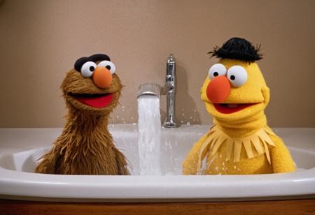 Iconic Sesame Street characters Bert and Ernie engage in an epic battle, their furrowed brows a testament to their intense rivalry. A splash of water from the nearby sink adds drama to the scene, as the two adversaries exchange blows with rubber mallets. Bright primary colors fill the backdrop, amplifying the absurdity of this friendly feud.