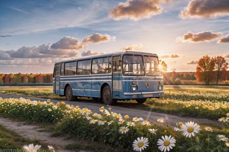 photo RAW,(gel40bo,(autumn:1.3),(1980s:1.3),(old Russia:1.2) landscape,(Light Blue parking bus on A tranquil, sunlit field of daisies),sunrays,(bokeh:1.3) <lora:gelios40bokeh_v2:0.5>  <lora:laz695:0.7>, dusty atmospheric haze, high quality textures of materials, volumetric textures, coating textures, metal textures, (natural colors, correct white balance, color correction, dehaze,clarity)), masterpiece, award winning photography, natural light, perfect composition, high detail, hyper realistic,lens flare,Timeless Elegance, Classic Tones, Refined Lighting, depth of field,sharp focus, dark theme <lora:lowra_v10:0.06>