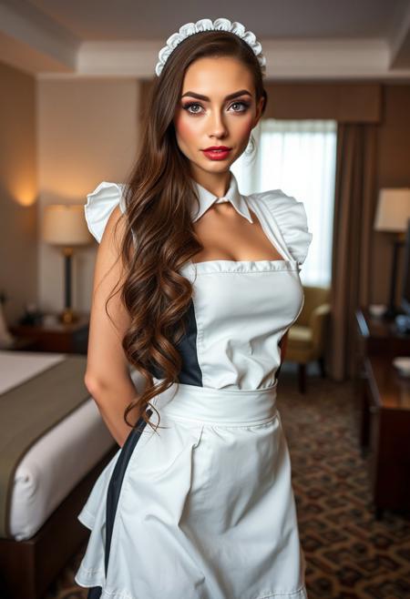 Stable_Yogis_PDXL_Positives, 1 french maid standing and looking at floor, aged 25, pretty  face, discipline, makeup, clothed, maid, french maid outfit, feminine, proud, heavy blush, excited, perfect detailed face, beautiful eyes, , flat chest,  collar, focus on head to knees, submissive, very detailed, hotel room, maid clothes, Expressiveh, hands behind back, solo, front angle, score_9, score_8_up,