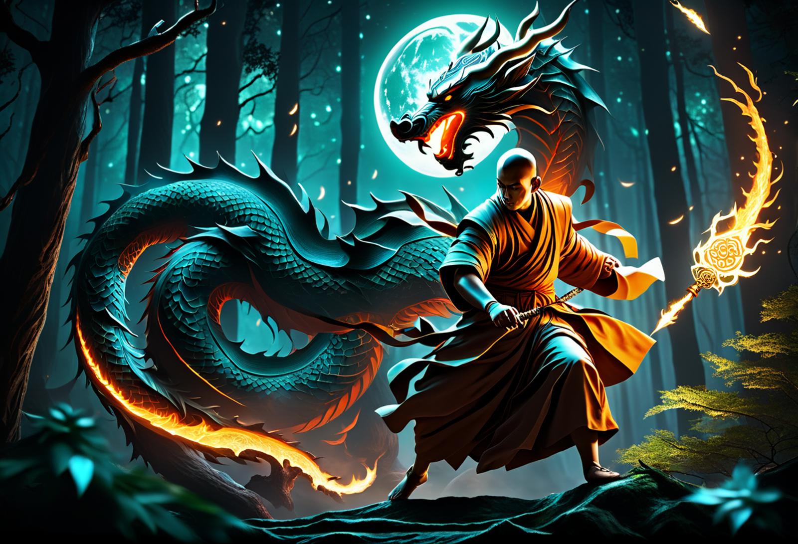 A Man Fighting a Dragon in a Dark Forest