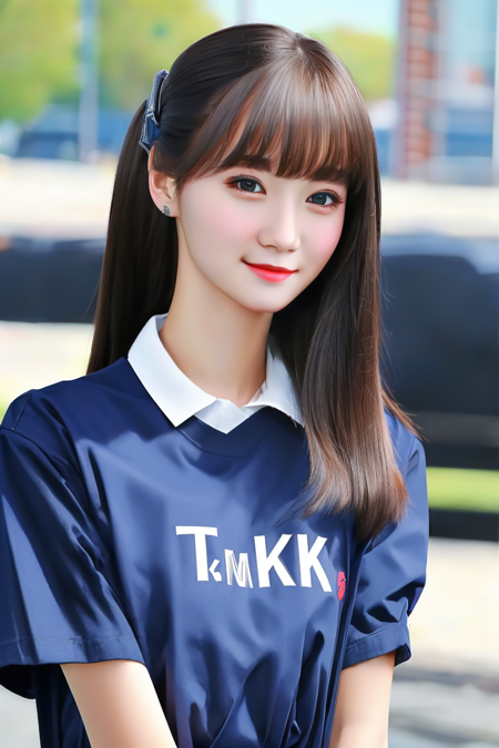 ((masterpiece)), (best quality), detailed, (8k), photorealistic, best quality, 1 girl, shirt, looking at viewer, ((t-shirt)), school uniform, school background:1.4, school Girl, upper body <lora:Yubin-01:1>