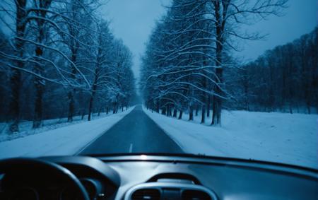 davidfincherstyle, the image is dark and dreary, with snow covering the ground and trees. The car's windshield shows a view of the road ahead, and the driver's seat is visible. The environment is cold and snowy, with trees lining the road. The shot composition is a first-person perspective, giving the viewer a sense of being inside the car. The image has a cool, blue color temperature, which adds to the overall mood of the scene.