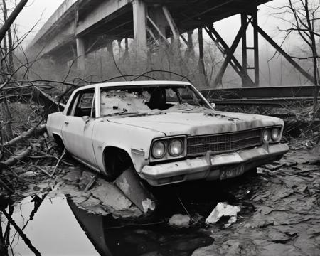 on a post-apocalyptic collapsed bridge, scattered twisted metal, concrete blocks, flowing river, rusting cars., by Robert Mapplethorpe,  <lora:PostApocalypticXL_v1:0.8> SZ_4po enviroment