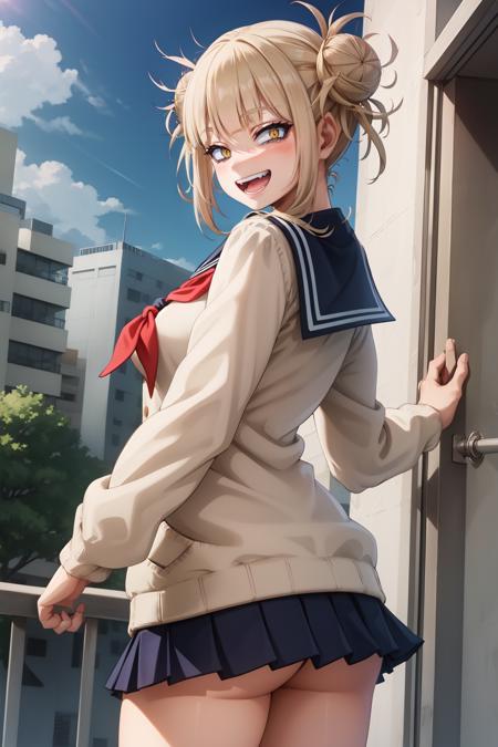 HimikoU1, 1girl, solo, bangs, blonde hair, yellow eyes, blunt bangs, hair bun, double bun, sidelocks, messy hair, looking at viewer, smile, blush, bags under eyes, teeth, school uniform, sailor collar, open mouth, serafuku, fangs, breasts, medium breasts, cardigan, narrowed eyes, long sleeves, neckerchief, red neckerchief, cowboy shot, slit pupils, blue saillor collar, skirt, sharp teeths, :d, pleated skirt, collarbone, short hair, blue skirt, kneehighs,  outdoors, day, buildings, city, clouds, balcony, trees, bushes, tall female, skinny, looking back, from behind, ass focus, ass,  medium ass,
 <lora:HimikoU2:0.8>