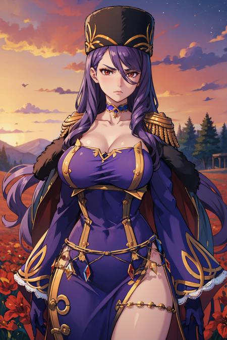 masterpiece, best quality,  <lora:crymaria-nvwls-v1:0.8> crymaria levin, red eyes, choker, fur hat, epaulettes, jacket on shoulders, purple dress, detached sleeves, purple gloves, cowboy shot, furrowed brow, emotionless, standing, field, red sky, large breasts