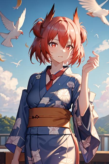 best quality, masterpiece, highres, solo, {yukata:1.40}, {kimono:1.20}, {fiammetta_arknights:1.15}, red_hair, red_eyes, short_hair, animal_ears, necktie, red_necktie, bird_ears, upper_body, hair_between_eyes, breasts, closed_mouth, feather_hair